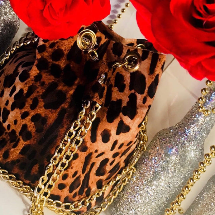 Golda Safari Leopard Print Mini Bucket Glam Handbag - JHENELLA ISAAC 